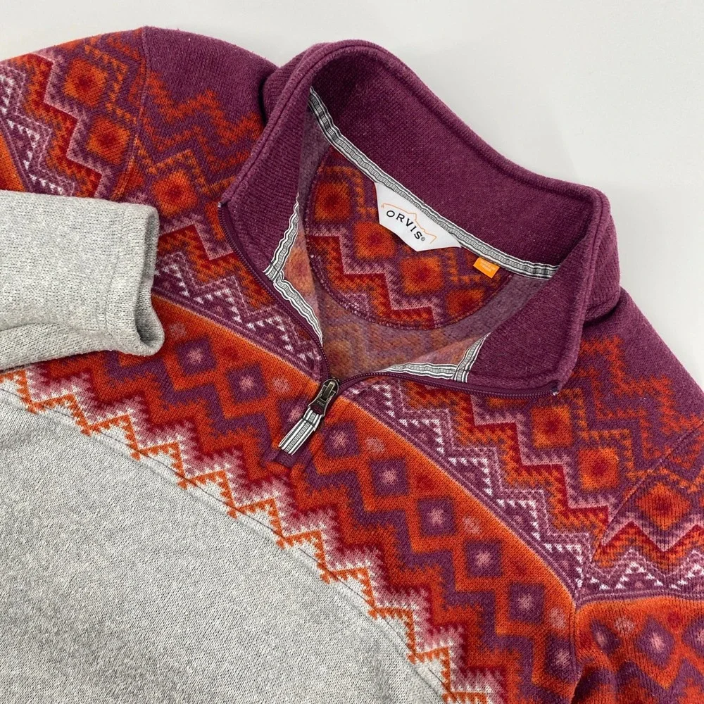 Orvis Quarter 1/4 Zip Fleece Mens Large Gray Purple Fair Isle Geometric Pullover